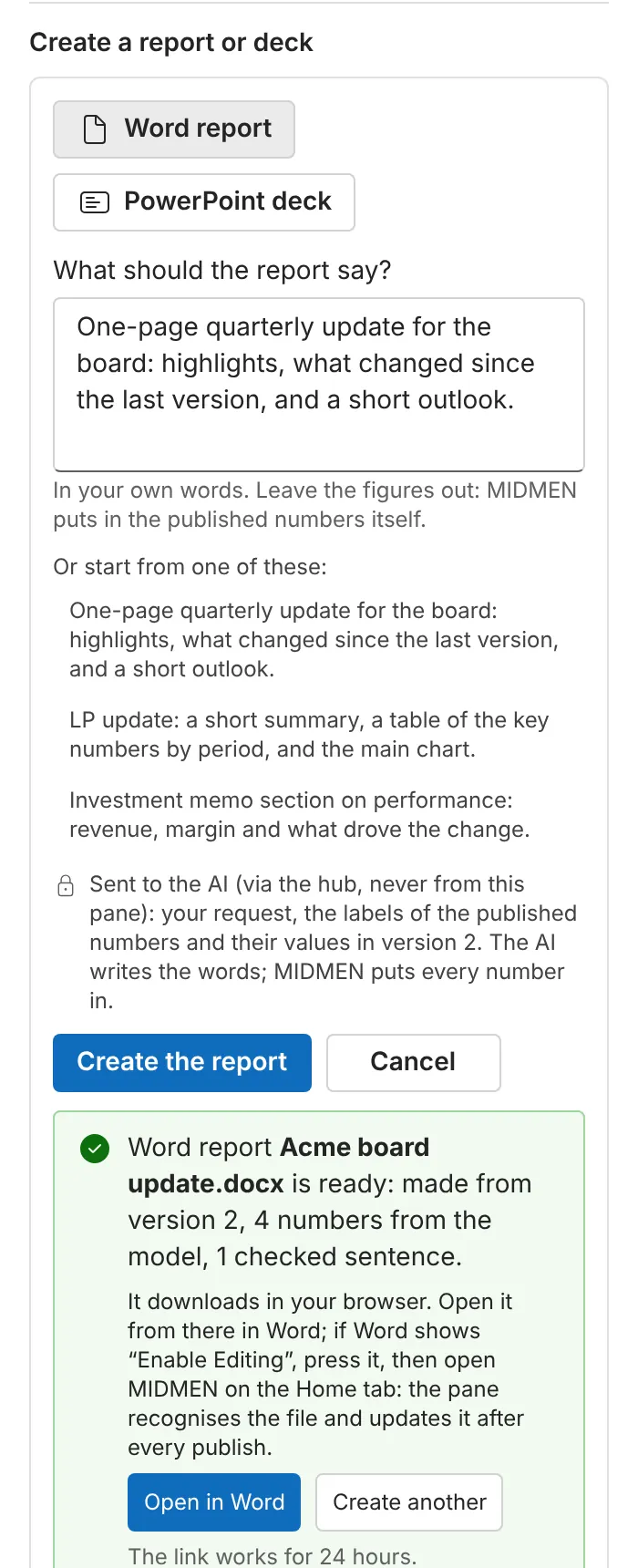 The Excel pane, Publish tab, Create a report or deck: Word report chosen, the request typed, and the line saying the Word report is ready, made from version 2, with Open in Word.