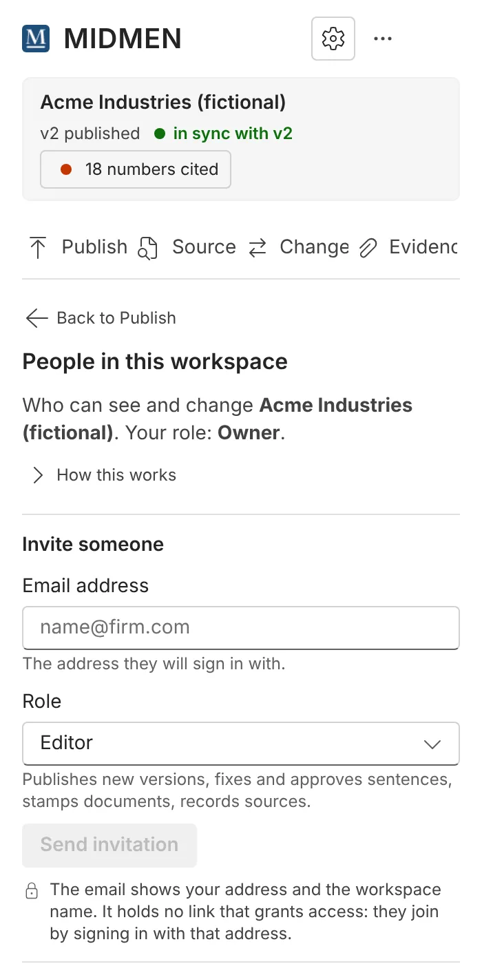 People in this workspace: invite someone by email address with a role.