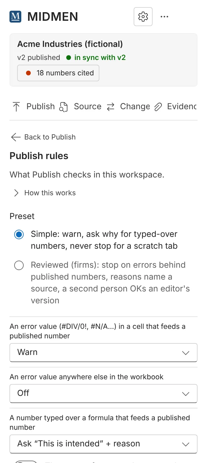 Setup, Publish rules in Excel: presets Simple and Reviewed, and a switch for each check.