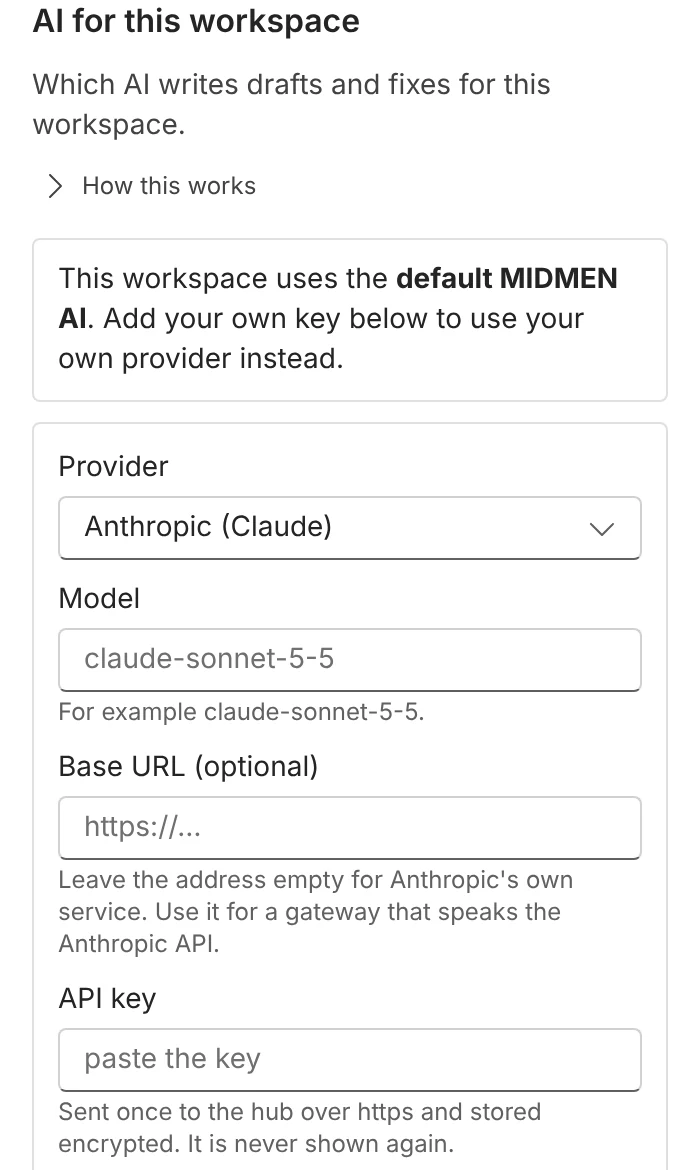 Setup, AI for this workspace: provider Anthropic (Claude), model, optional base URL and API key fields, with Save key and Test the key.