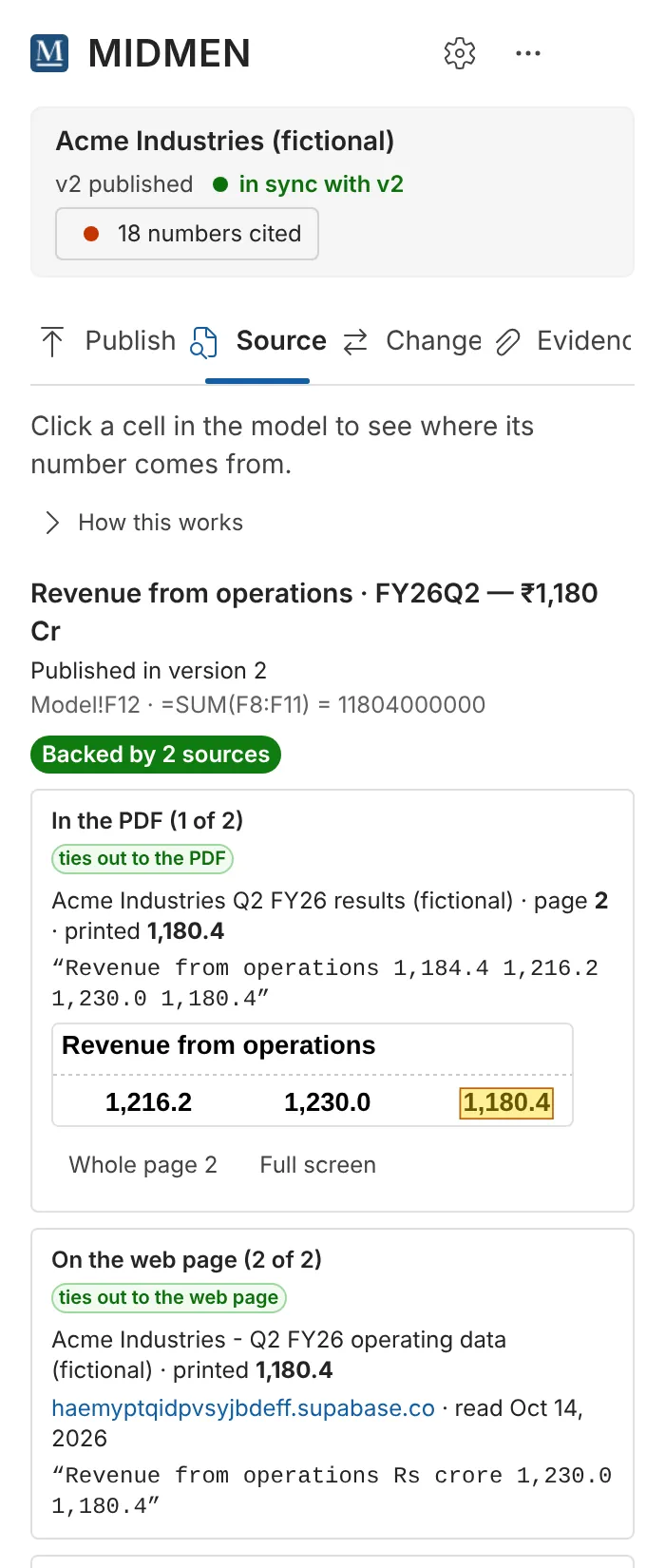 Source in Excel for revenue FY26Q2: Backed by 2 sources, the PDF line and the web page.