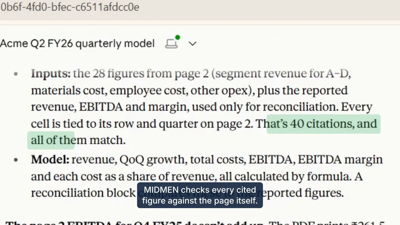 Claude in claude.ai summarising the model it built from the Acme results PDF: 40 citations, all of them match.